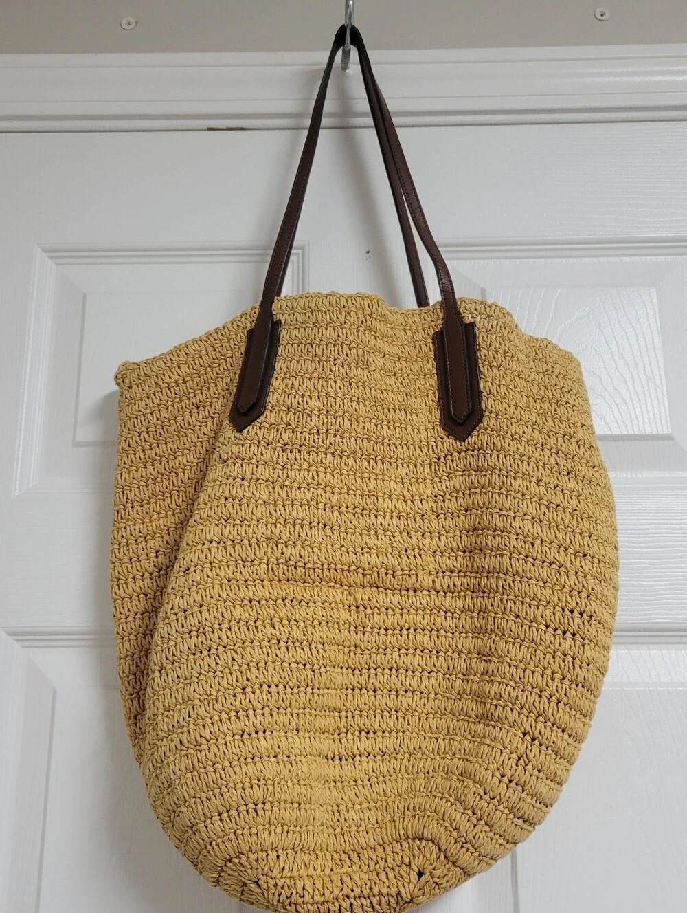 J.Crew NWT  Straw Market Tote Bag with Brown Leather Handles.